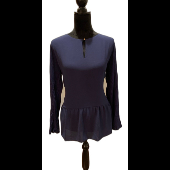 Michael Kors Blouse Plus Sz XL Top Navy Ruffle Hem Bell Long Sleeves Dressy Chic - Picture 1 of 10